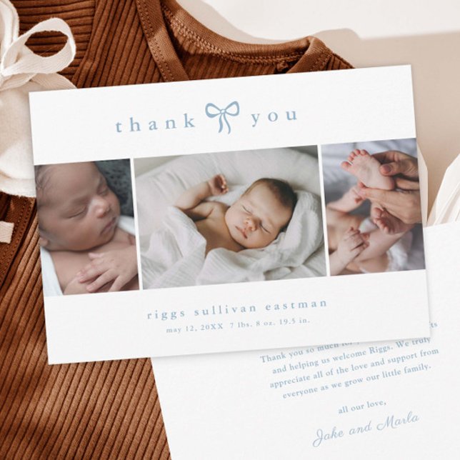 Carte De Remerciements Simple Bow Boy Photo Collage Baby (Simple bow baby boy photo thank you cards.)