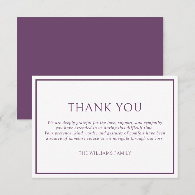 Carte De Remerciements Simple Classic Purple Frame Funeral Sympathy (Devant / Derrière)