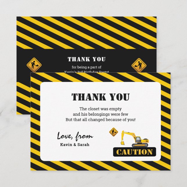 Carte De Remerciements Simple Construction Camions Garçons Anniversaire d (Devant / Derrière)