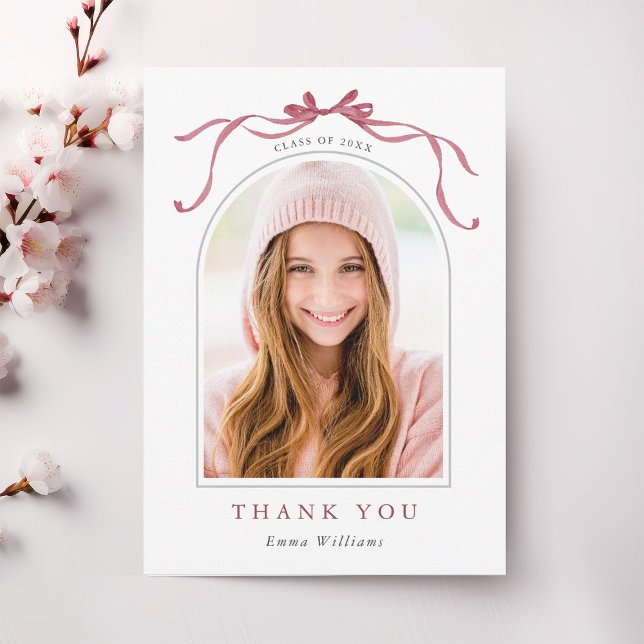 Carte De Remerciements Simple Deep Blush Bow Graduation Photo (Créateur téléchargé)