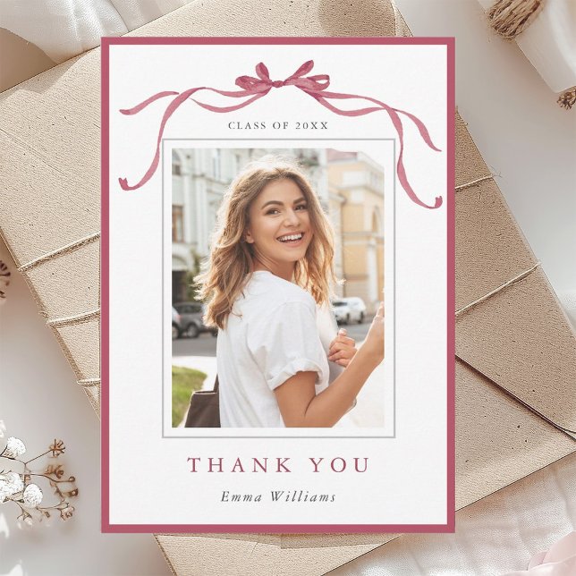 Carte De Remerciements Simple Deep Blush Ribbon Bow Graduation Photo (Créateur téléchargé)