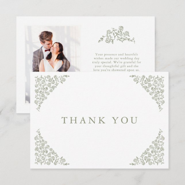 Carte De Remerciements Simple Delicate Floral Timeless Sage Mariage vert (Devant / Derrière)