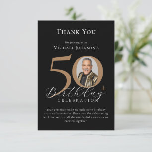 Carte De Remerciements Simple Elegant Black Gold Photo 50e anniversaire
