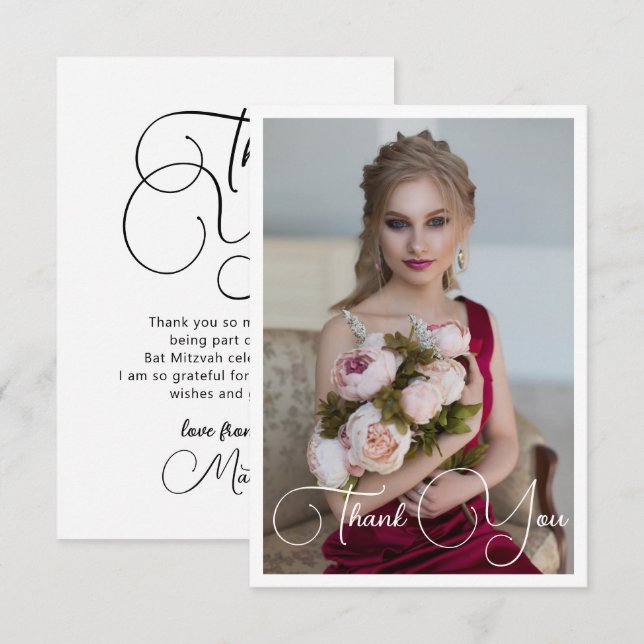 Carte De Remerciements Simple Élégant Photo Bat Mitzvah Anniversaire (Devant / Derrière)