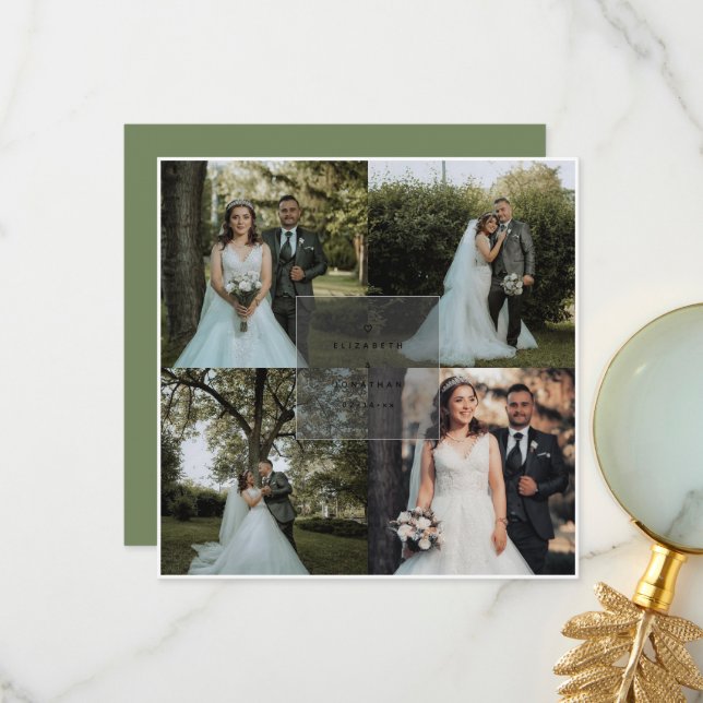 Carte De Remerciements Simple Elegant Sage Green 4 Photo Collage Mariage (Devant/Arrière en situation)