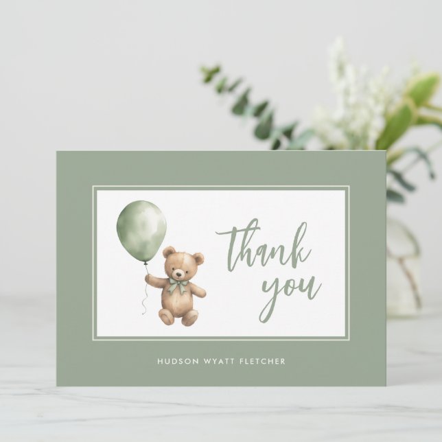 Carte De Remerciements Simple élégant Script Sage Green Baby Boy (Debout devant)