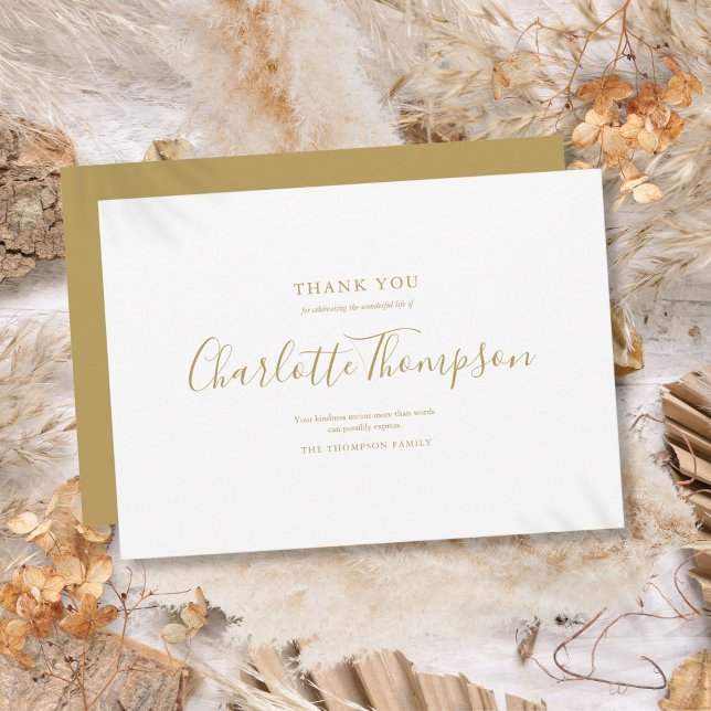 Carte De Remerciements Simple élégante Gold Script Memorial funérailles (Simple Elegant Gold Script Memorial Funeral Thank You Card)