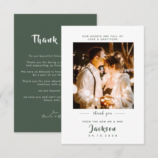 Carte De Remerciements Simple et élégant avec photo Mariage vert foncé (Devant / Derrière)