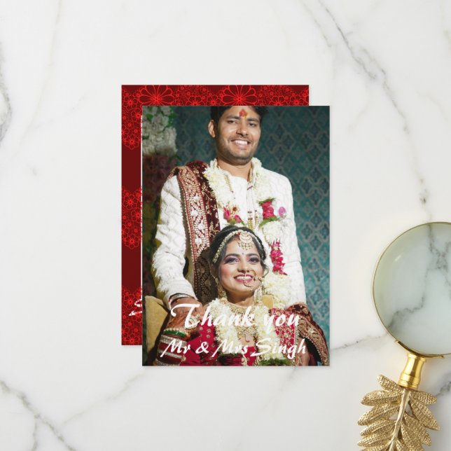 Carte De Remerciements Simple et élégant mariage indien rouge et blanc (Devant/Arrière en situation)