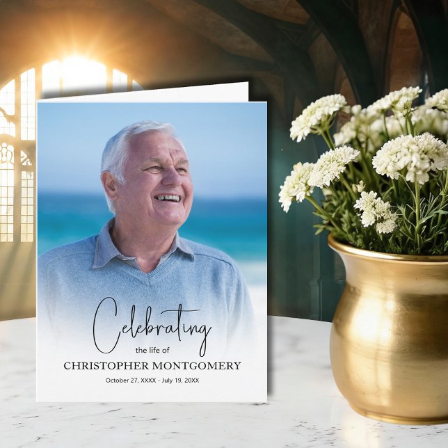 Carte De Remerciements Simple Funeral Photo Folded (Funeral celebration of life folded thank you cards, message over a photo on the front)