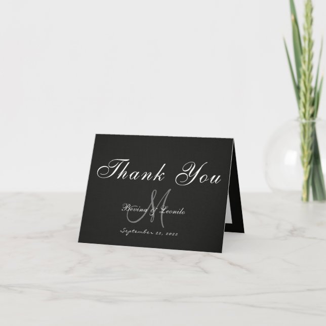 Carte De Remerciements Simple mais élégant : Linge noir avec Monogramme + (Devant)