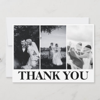 Carte De Remerciements Simple Moderne 3Photo Mariage Noir &Blanc