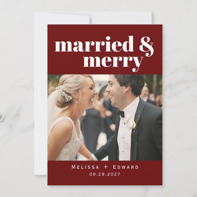 Carte De Remerciements Simple Moderne Marié & Joyeux Mariage Photo Rouge  (Devant)