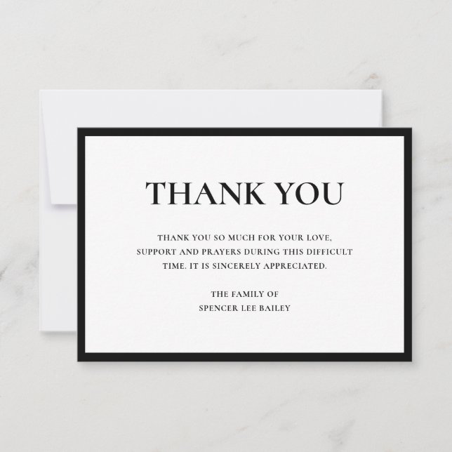 Carte De Remerciements Simple Noir Blanc traditionnel Sympathie Funéraill (Devant)