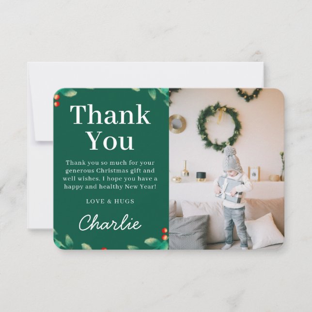 Carte De Remerciements Simple Photo de Noël avec du houx festif | Vert (Devant)