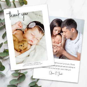 Carte De Remerciements Simple Photo Nouveau bébé Lettré À La Main