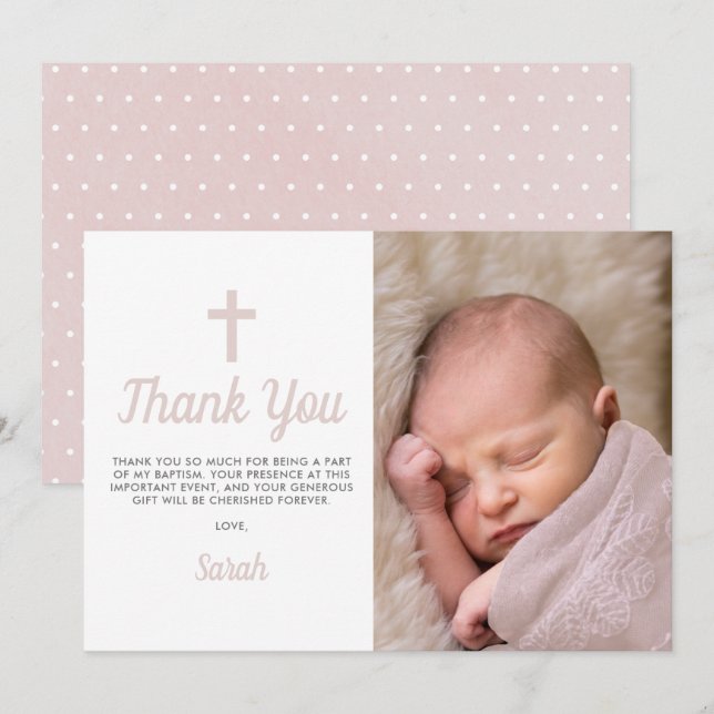 Carte De Remerciements Simple Pink Girl Baptism Christening Photo (Devant / Derrière)