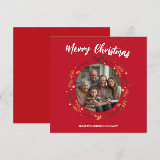 Carte De Remerciements Simple red Christmas Wreath Photo Family name