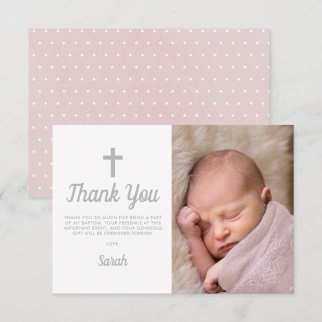 Carte De Remerciements Simple rose fille Baptême Christening Photo (Devant / Derrière)