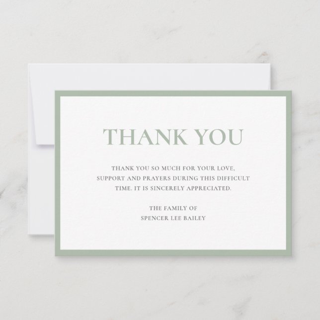 Carte De Remerciements Simple Sage Vert traditionnel Sympathie Funéraille (Devant)