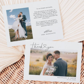 Carte De Remerciements Simple Script avec cœur Photo de mariage