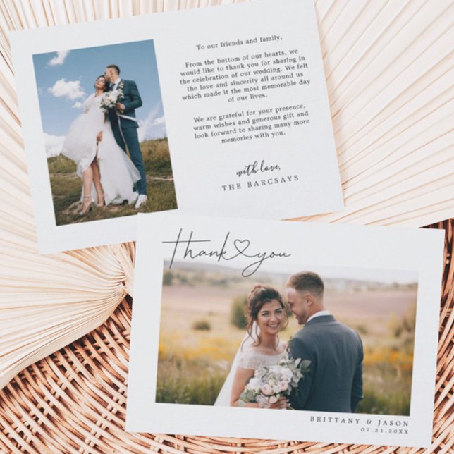 Carte De Remerciements Simple Script avec cœur Photo de mariage (Créateur téléchargé)