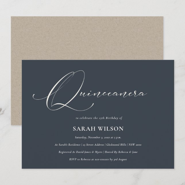 Carte De Remerciements Simple Script Black Navy Blanc Quinceañera Invitat (Devant / Derrière)