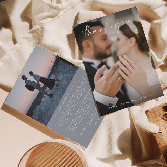 Carte De Remerciements Simple Script Bleu Poussiéreux avec Photo Mariage  (Créateur téléchargé)