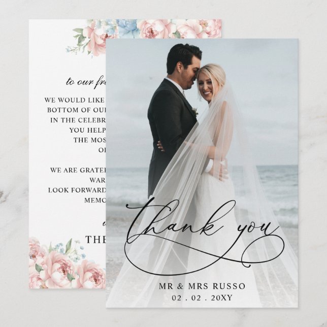 Carte De Remerciements Simple Script Elegant Blush Floral Photo Mariage (Devant / Derrière)