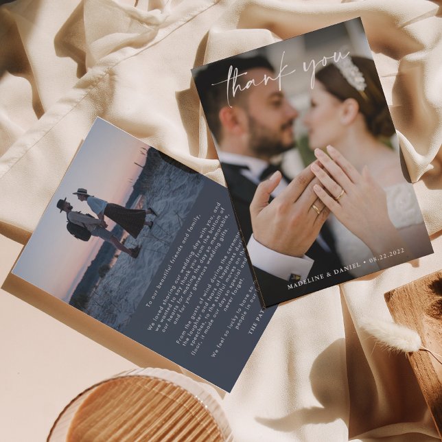 Carte De Remerciements Simple Script Ivory Dark Blue avec Mariage photo (Créateur téléchargé)
