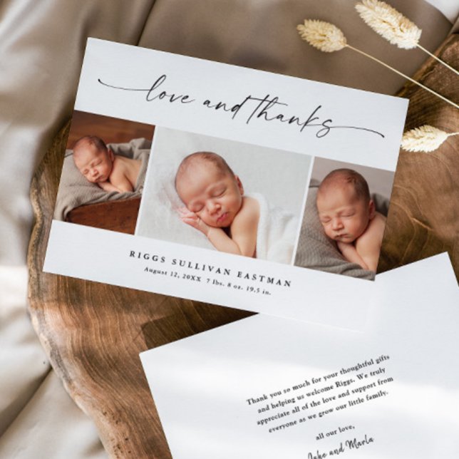 Carte De Remerciements Simple Script Love and Thanks Photo Collage Baby (Modern script love and thanks 3 photo baby thank you cards.)