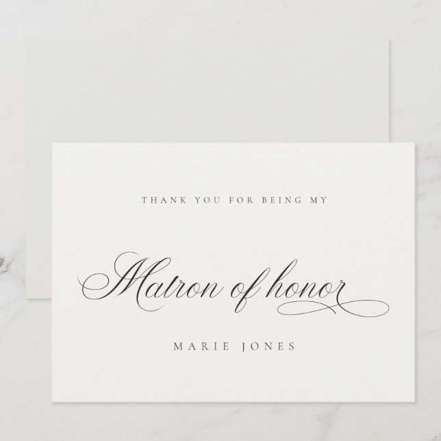 Carte De Remerciements Simple script minimaliste noir blanc matron d'honn (Devant / Derrière)