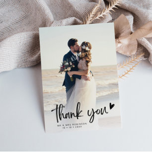 Carte De Remerciements simple script noir photo mariage de jeunes mariés