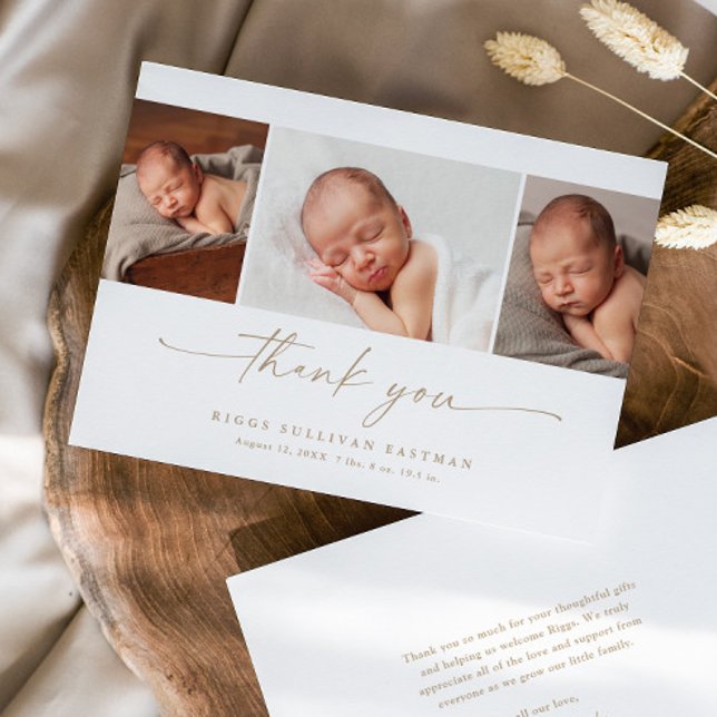 Carte De Remerciements Simple Script Photo Collage Baby (Elegant modern script 3 photo collage baby thank you announcement card.)