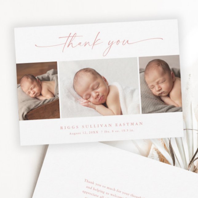 Carte De Remerciements Simple Script Photo Collage Bébé (Elegant Dusty Pink Script 3 Photo Collage Baby Thank You Cards.)
