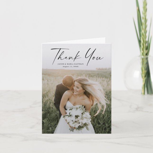 Carte De Remerciements Simple Script Photo Mariage (Devant)