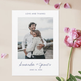 Carte De Remerciements Simple Style moderne Mariage photo Script bleu