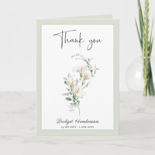 Carte De Remerciements Simple White Calla Lily Eucalyptus Sympathy (Devant)