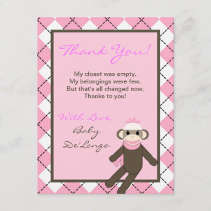 Carte De Remerciements singe à motifs de losanges de chaussette de rose