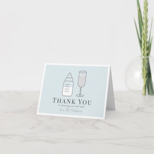 Carte De Remerciements Sip & Voir Champagne Bouteille Baby shower bleu (Devant)