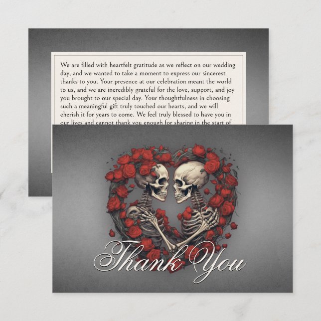 Carte De Remerciements Skeletons sombres gothiques et Mariage de coeur Ro (Devant / Derrière)