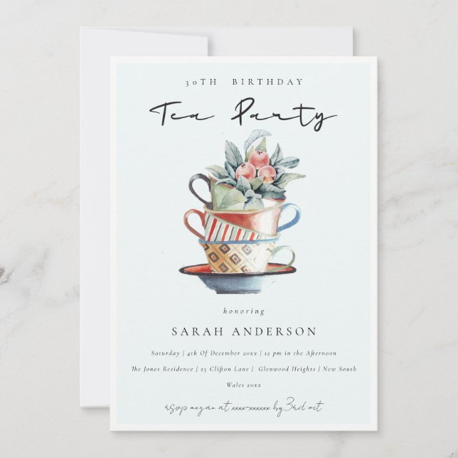 Carte De Remerciements Sky Blue Cups N'importe quel âge Anniversaire Tea  (Devant)