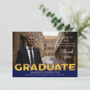 Carte De Remerciements Sleek College Univ Photo Graduate Bleu Or