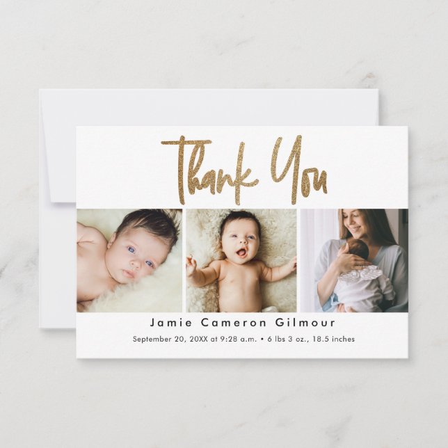 Carte De Remerciements Small Modern Gold Script Custom 3 photo Baby (Devant)