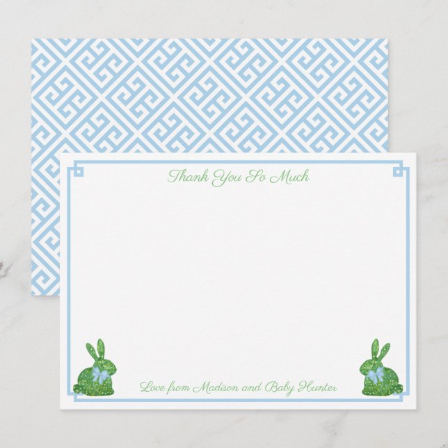Carte De Remerciements Smart Pale Blue Boxwood Bunny Boy Baby shower (Devant / Derrière)