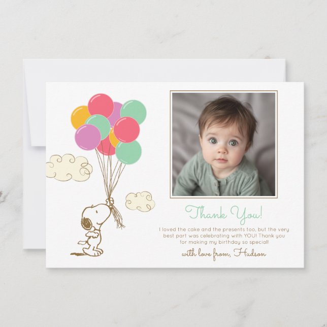 Carte De Remerciements Snoopy et Ballons premier anniversaire (Devant)