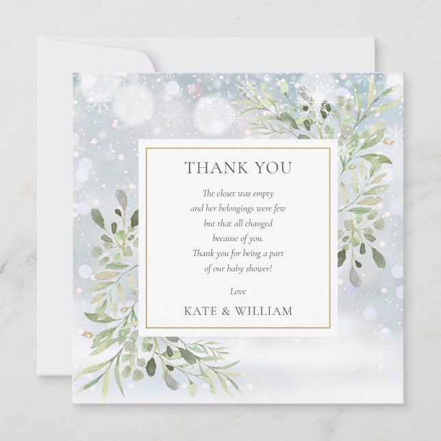 Carte De Remerciements Snowflakes d'hiver Baby shower vert poème (Devant)