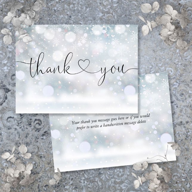 Carte De Remerciements Snowflakes d'hiver Élégant script de coeur (Winter Snowflakes Elegant Heart Script Thank You Card)