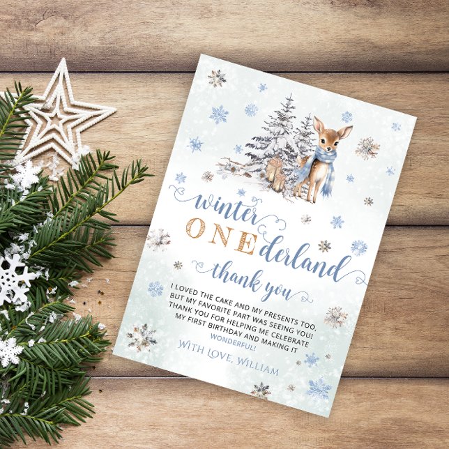 Carte De Remerciements Snowflakes hiver de cerf Onederland Anniversaire (Créateur téléchargé)