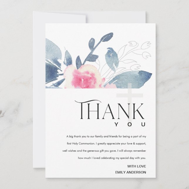 CARTE DE REMERCIEMENTS SOFT BLEU BLEU FLORAL BUNCH PREMIER SAINT COMMUNIO (Devant)